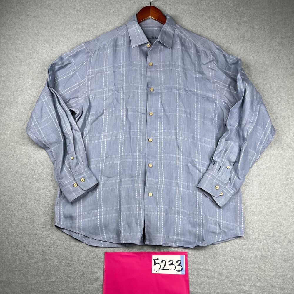 Tommy Bahama Shirt Large Blue Linen Beach Check Button Up Long Sleeve Mens